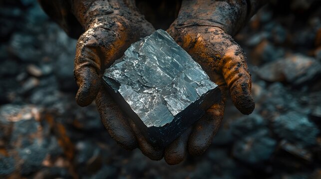 A pair of rugged, dirt-covered hands gently cradles a large, raw coal chunk against a backdrop of scattered black煤炭 pieces in an industrial mining environment emphasizing the tactile weight and