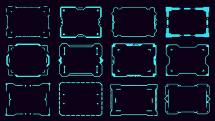 Obraz premium Collection of futuristic glowing teal frames and borders on a dark background