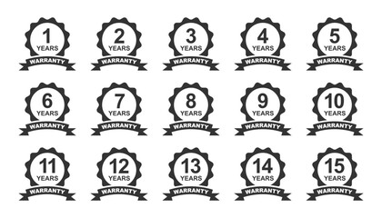 1 to 15 years warranty icon. 1 to 15 years warranty badge vector design. 1, 2, 3, 4, 5, 6, 7, 8, 9, 10, 11, 12, 13, 14, 15,  year warranty label.