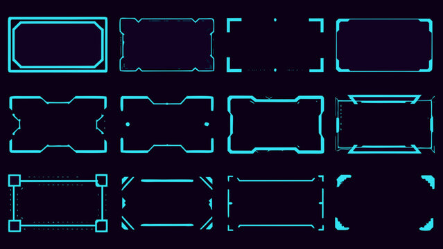 Collection of futuristic neon blue frames and interface elements on black background