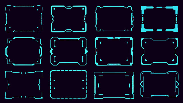 Collection of futuristic glowing teal frames and borders on a dark background