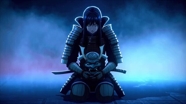 Dark cinematic anime video, sad samurai woman kneeling rain, wearing damaged traditional samurai armor modern anime holding her broken samurai mask her hands, head slightly bowed, rain droplets 4k