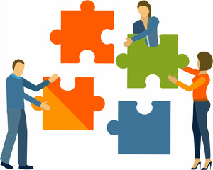 People collaborating to connect puzzle pieces symbolizing teamwork and problem solving
