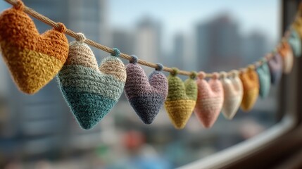 Valentine's day.valentine heart decoration day in recycle concept soft pastel yarn heart garland hanging near window urban skyline blurred background romantic eco friendly mood