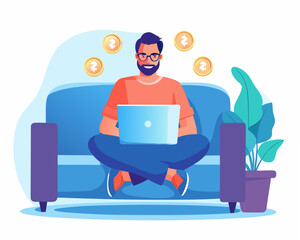 Man working on laptop from sofa with coins falling around him