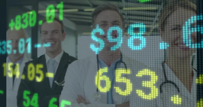 Medical team showcasing hospital corridor backdrop, with floating green, blue, yellow finance data