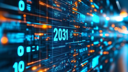 Futuristic Laboratory Interface with Holographic Glowing Digital Numbers and Lights, 2031 Vision