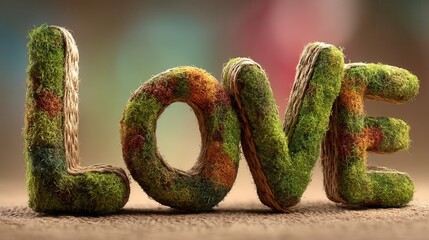 Valentine's day.Valentine love word moss letter day in recycle concept romantic eco friendly decoration on rustic background for green celebration and creative nature gift design