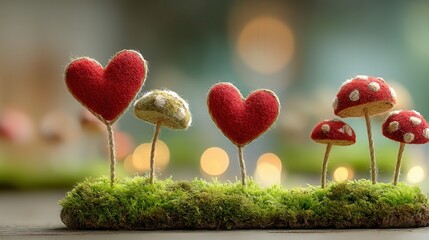Valentine's day.Valentine day in recycle concept heart decoration moss mushroom love scene symbol green craft romantic holiday nature fantasy cute eco friendly handmade wool