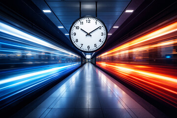 A large round clock hangs from the ceiling above a subway platform with blurred blue and red light trails on either side, creating a dynamic sense of motion and symmetry.