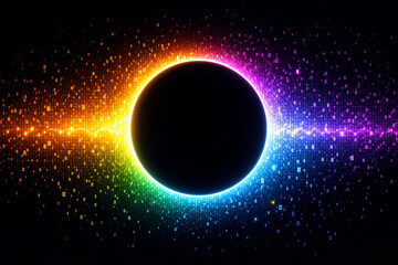 A bright multi-colored circular light surrounds a central dark sphere with colorful glowing particles radiating horizontally against a dark background.