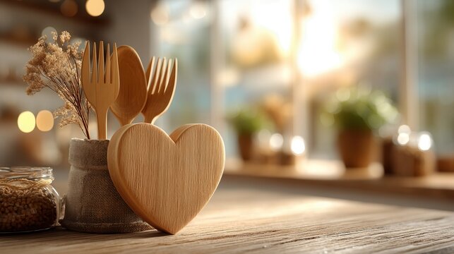 Valentine's day.valentine day recycle concept rustic wooden heart decor on kitchen table in warm morning light with eco utensil and romantic mood in soft focus background for sustainable love