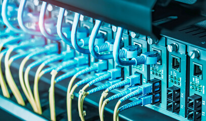 Obraz premium Fiber Optic cables connected to an optic ports and Network cables connect to communication Distribution point