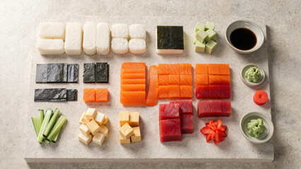 Meticulously arranged sushi ingredients including fresh salmon, tuna slices, rice, and nori in a geometric grid layout, perfect for Japanese cuisine lovers.