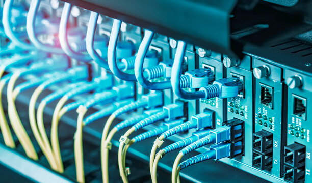 Fiber Optic cables connected to an optic ports and Network cables connect to communication Distribution point