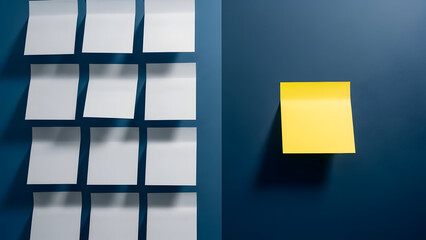 A single yellow sticky note among white blank notes on a blue background