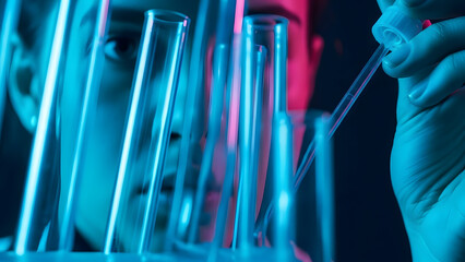 A gloved hand holding a test tube in a laboratory setting with blue and red lighting