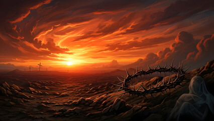 Vibrant orange sunset over a rugged landscape with wispy clouds