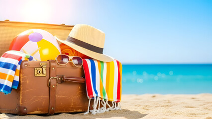 Vintage suitcase on beach with beach essentials