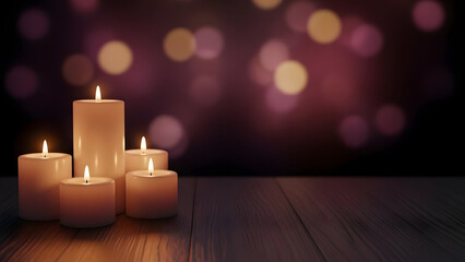 Softly lit candles on a dark wooden table