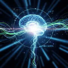 Futuristic Digital Brain with Energy Waves