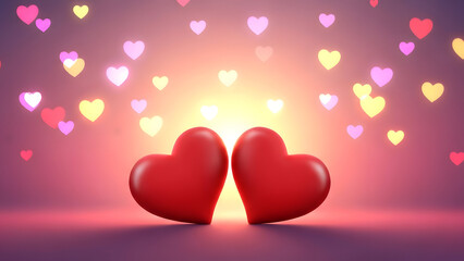 Two red hearts with colorful hearts in background