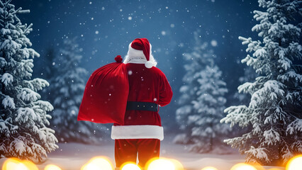 Santa claus standing in a snowy forest with lights