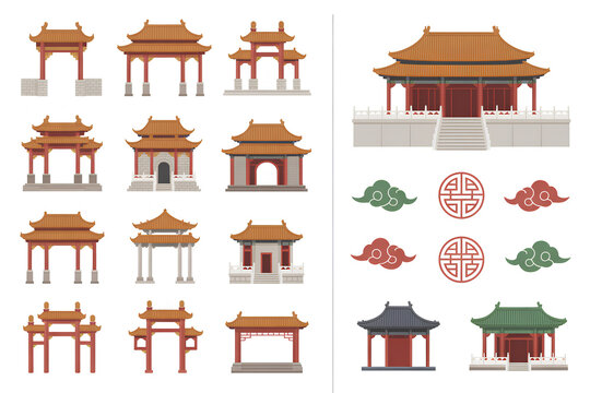 Traditional chinese architecture set with gates temples and oriental decorative ornaments