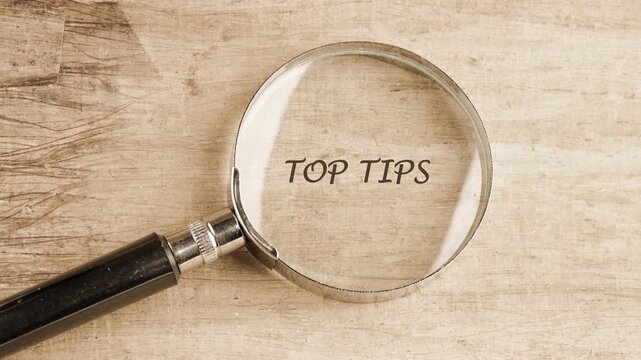 A magnifying glass focuses on the words TOP TIPS etched into a wooden surface, providing a detailed guide to explore the forest at midday