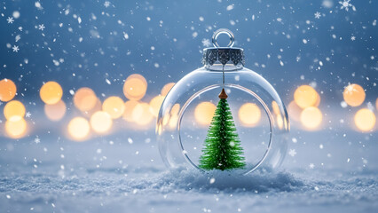 A miniature christmas tree inside a glass bulb on a snowy night