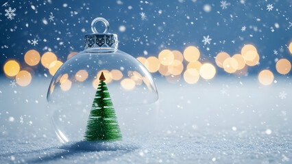 Snow globe scene with miniature christmas tree
