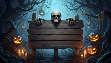 Spooky halloween scene with skull on wooden fence