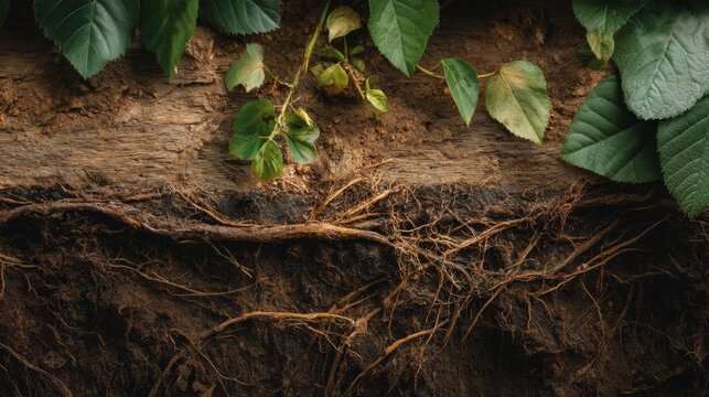 Close-Up View of Rich Soil Layers Revealing Roots and Green Leaves, Showcasing the Connection Between Plant Life and Earth&rsquo;s Natural Environment