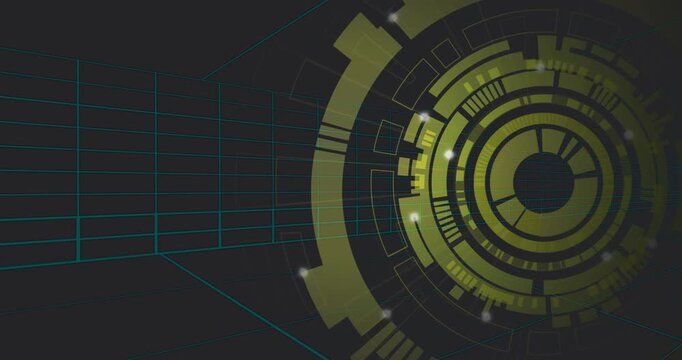 Concentric lime HUD appearing right rotating and pulsing while nodes traveling to show data flow