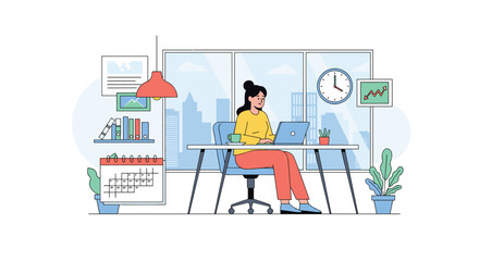 Professional woman working on laptop at desk in modern office with large window overlooking city skyline for remote work.