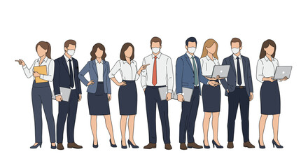 Obraz premium Diverse group of professional business people in formal suits wearing protective face masks and holding laptops and documents.