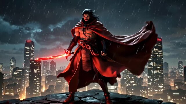 cinematic anime male legend, aggressive samurai ronin, standing shattered rooftop, glowing crimson katana, intense red energy aura pulsing around body, wind violently flowing cloak long hair, cyber