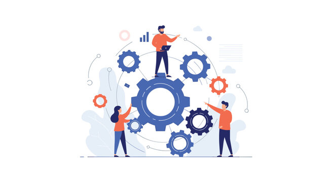 Professional team collaborating to operate a complex system of giant blue mechanical gears representing business process and efficiency.