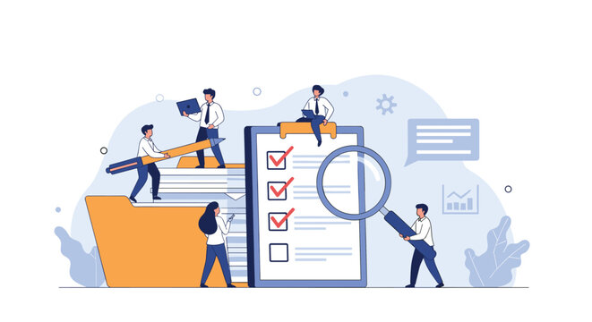 Team of auditors using a giant magnifying glass to perform a detailed inspection of documents and checklists in a large file folder.