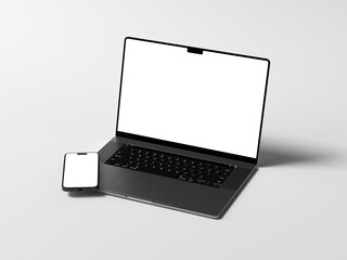 Realistic Laptop and Smartphone Mockup with transparent png screen and soft shadow on grey background