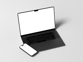 Realistic Laptop and Smartphone Mockup with transparent png screen and soft shadow on grey background