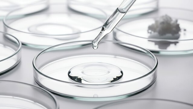 Pipette transfers gel cosmetic sample to a petri dish on white background