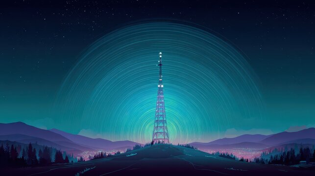 Modern telecommunications tower with evolving signal waves over a futuristic city skyline