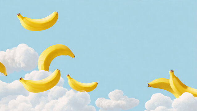 Creative image of fresh yellow bananas floating among soft white clouds in a pale blue sky. A fun, pop art inspired concept for healthy eating, fruit marketing, and surreal food design.