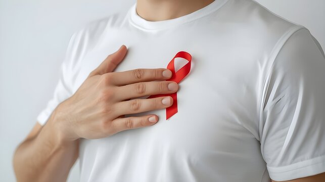 Elderly with Red Ribbon for December World Aids Day, MADD, October Red ribbon week, February Heart month, Marfan Syndrome, May Stroke awareness, March world TB Tuberculosis day and April Dare day