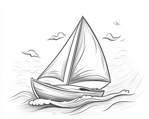 Elegant Illustration of a Boat Cruising on Waves with Triangle Sails and Cloud Accents in Design