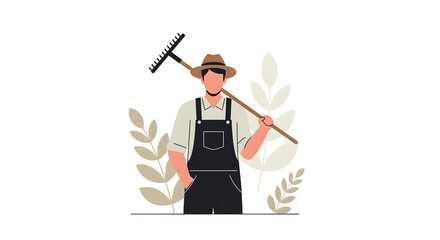 Friendly gardener in hat and overalls holding rake outdoors