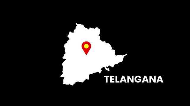 Telangana state map animation with location pin and alpha channel. Clean geographic outline highlight.