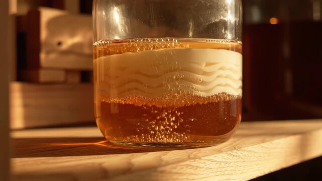 Close Up Of Fermentation Process In Glass Jar With Layers Of Liquid And Culture In Warm Sunlight