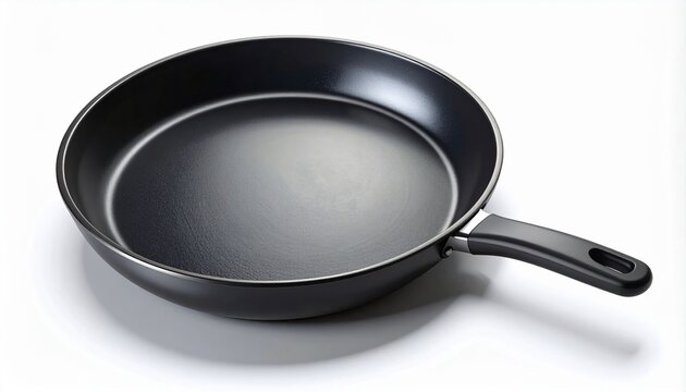 Black non-stick frying pan with handle, isolated on white background, modern cookware for home cooking and kitchen use